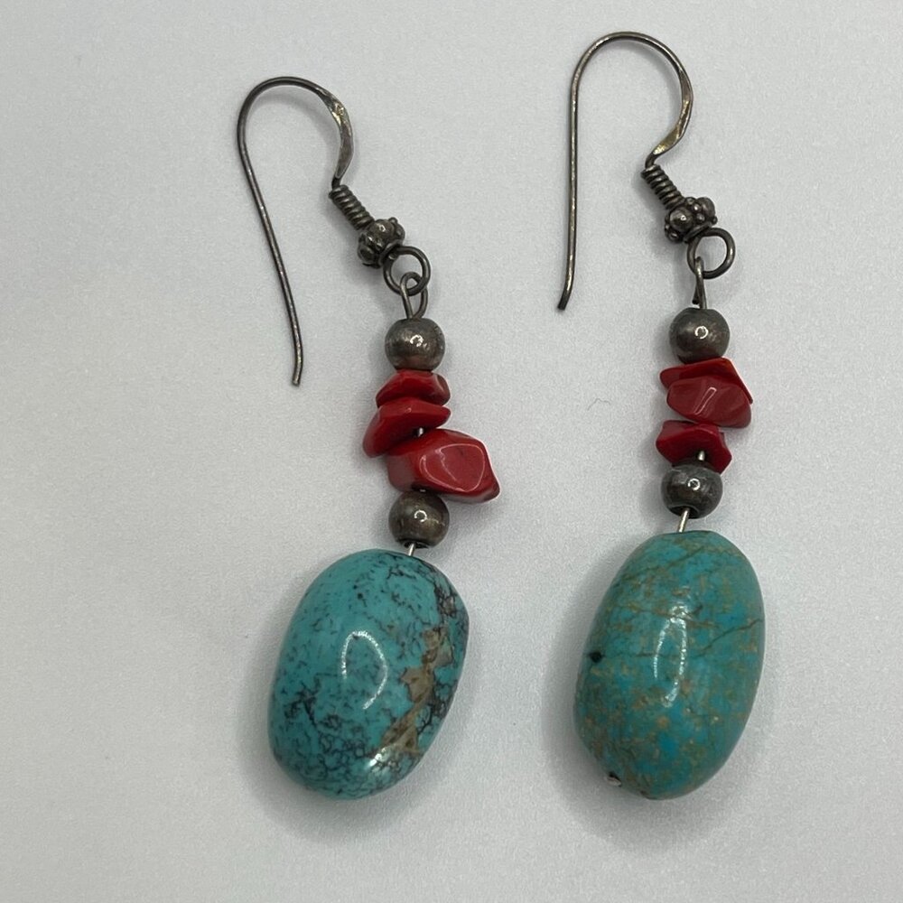 Turquoise & Coral Sterling Silver Dangle Earrings Handmade Boho Chic‎ Style